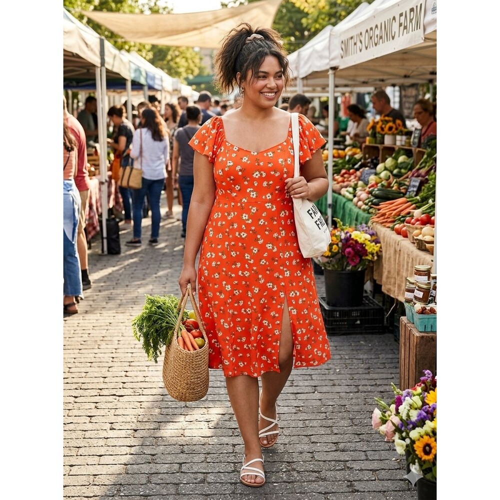 NWT Old Navy Cottagecore Coral Sunset Floral Red Cinched Back Mdi Dress Size 2XL